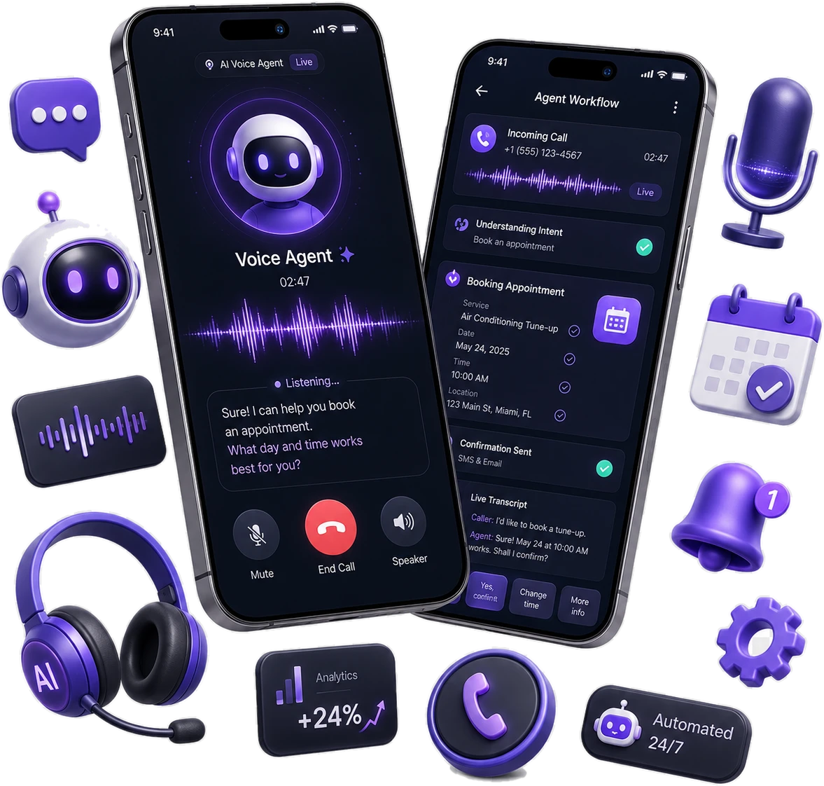 AI voice agent app showing live call transcription and appointment booking