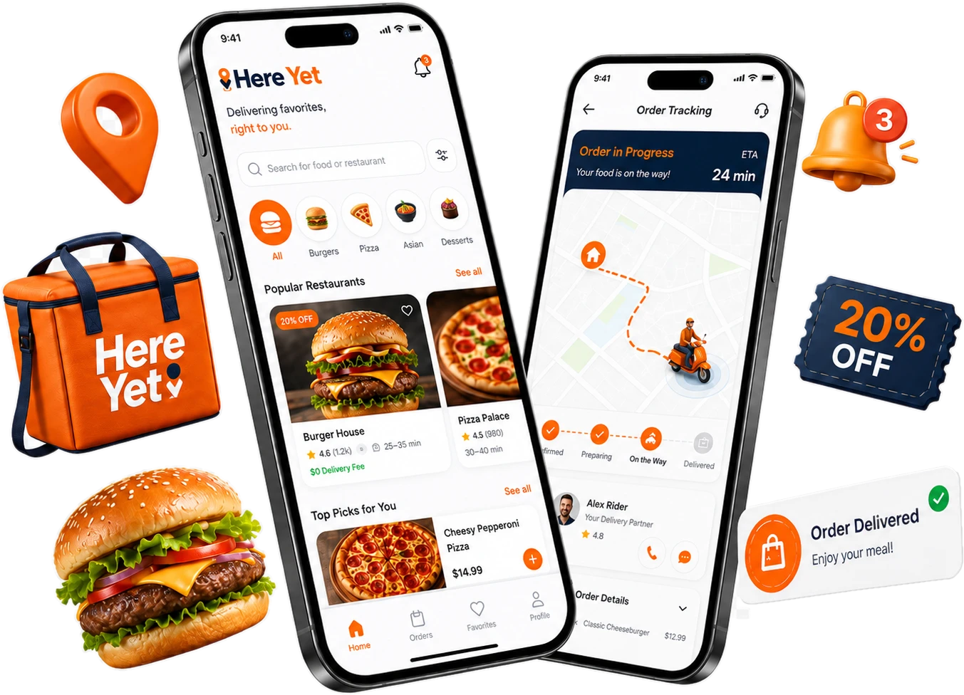 Here Yet food delivery app screens