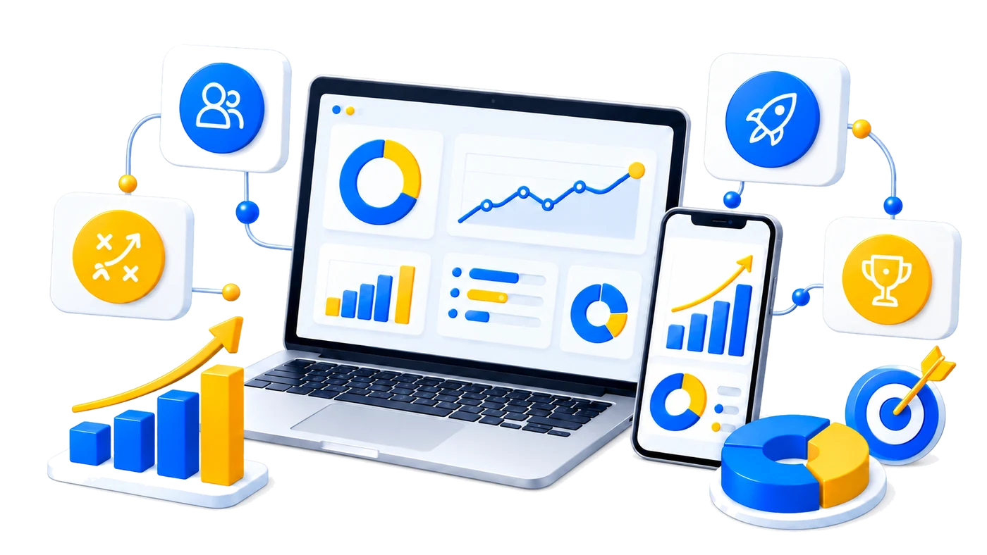 Project dashboard on laptop and mobile showing growth analytics, with consultation, strategy, delivery and success milestones