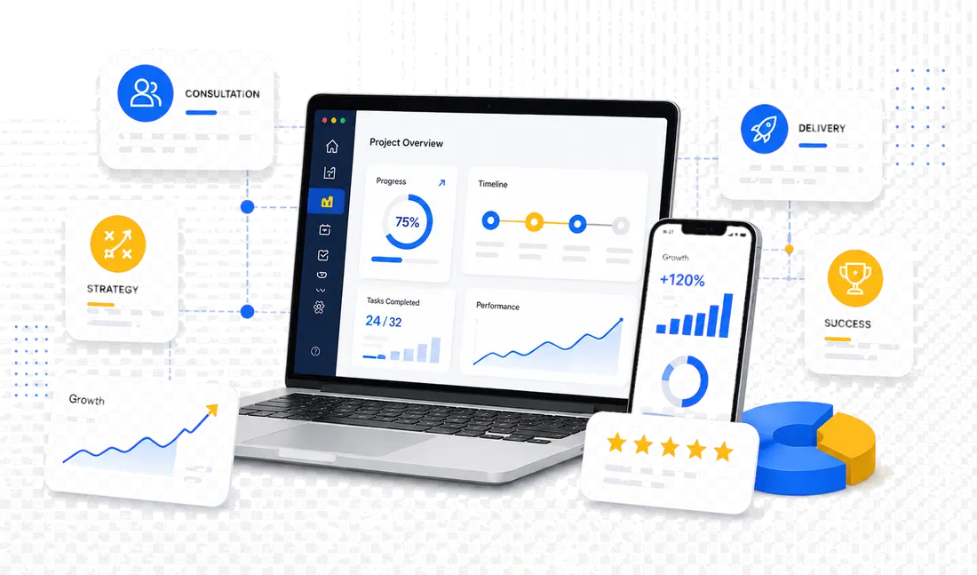 Infographic showing project dashboard, growth analytics, and client delivery milestones