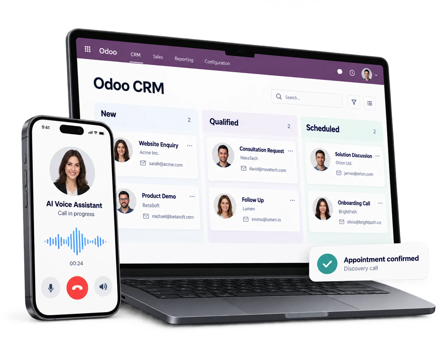 AI voice assistant call on a phone beside an Odoo CRM pipeline, with an appointment confirmed for a discovery call