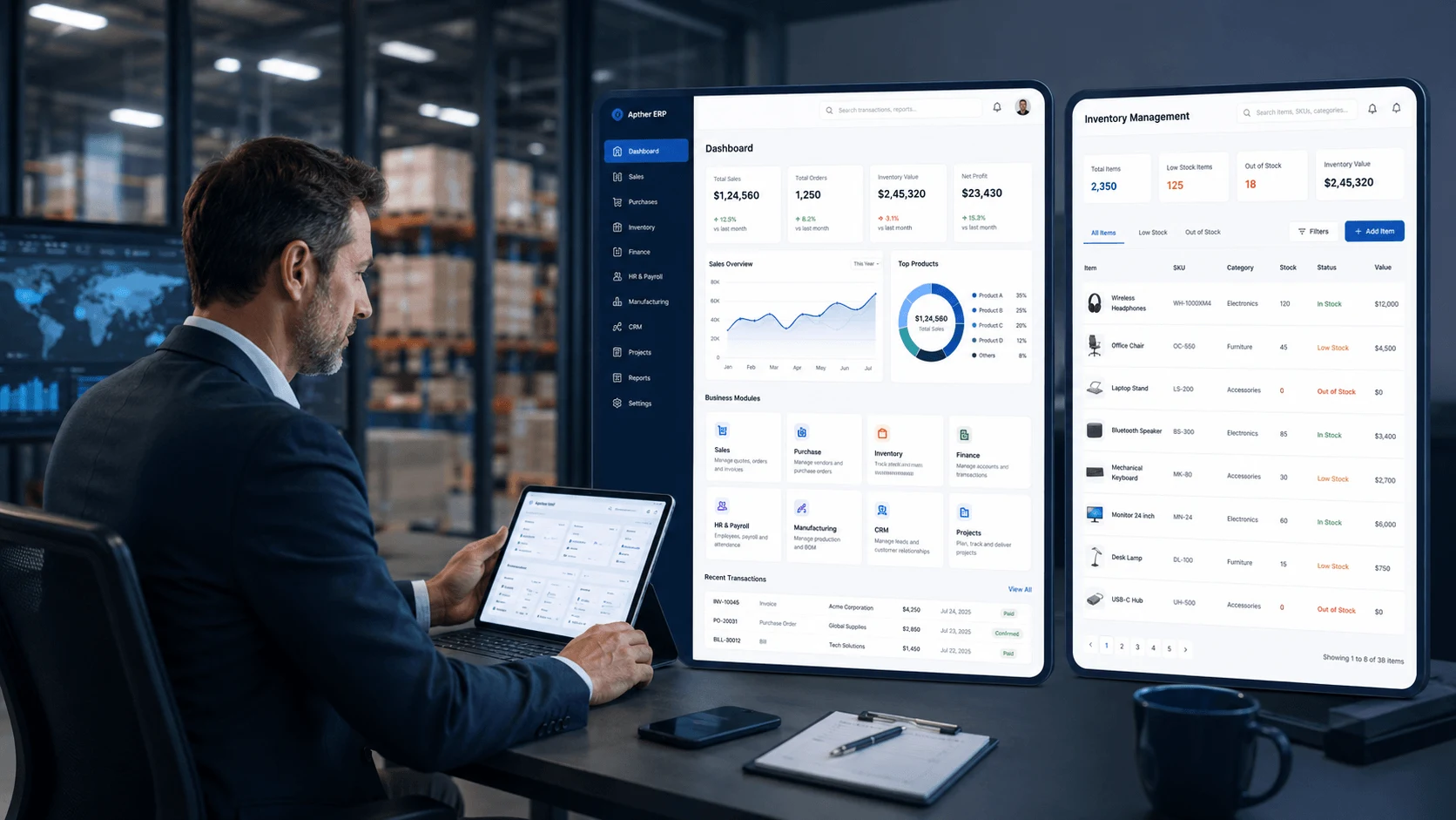 WAVE Sugar Factory ERP dashboard and inventory management screens