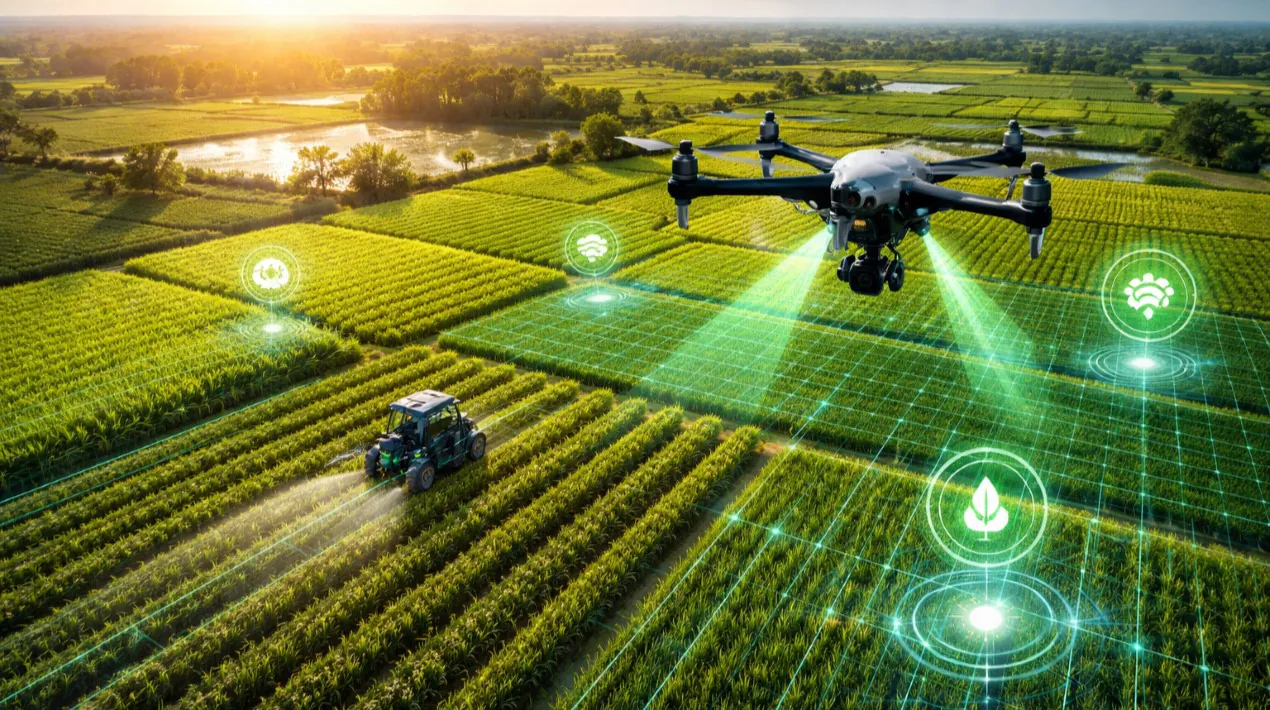 Aerial view of a smart farm with a survey drone and connected field sensors software by Appther