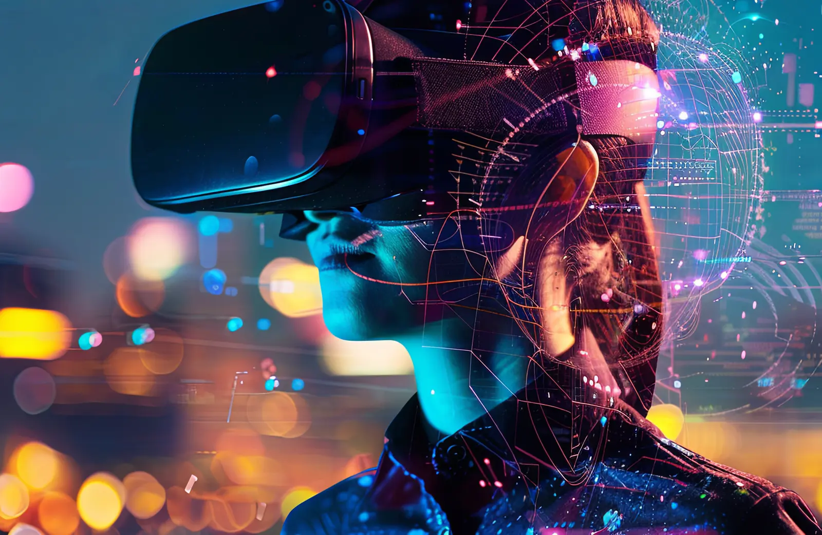 Immersive AI interface visualised around a person wearing a VR headset