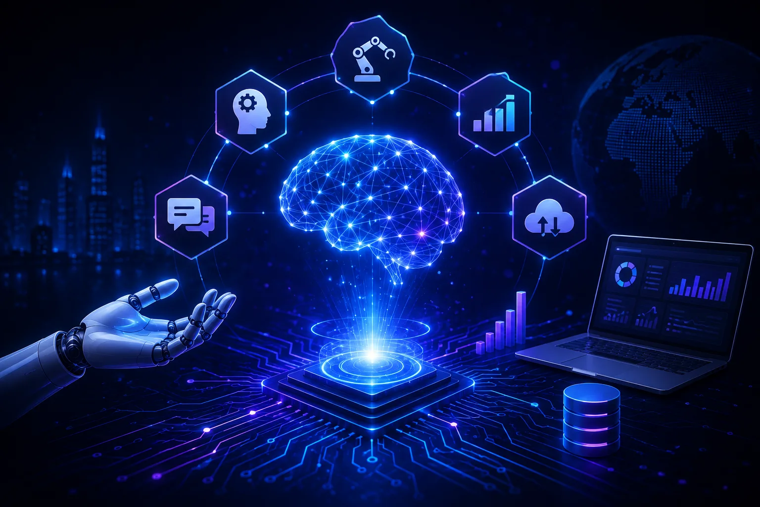 AI-powered business transformation: a neural network hologram linked to automation, analytics, conversational AI and cloud services