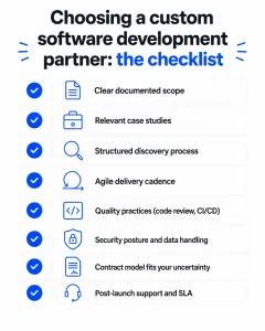 Checklist infographic for choosing a software development partner in Australia covering scope, case studies, agile delivery, security and SLA