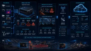 Edge AI mining architecture processing camera data locally and sending safety events to cloud analytics and MLOps
