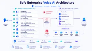 Enterprise voice AI safety architecture with guardrails, business rules, validation and human escalation