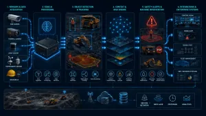 Architecture of an AI computer vision mining safety system from cameras and edge AI to alerts and enterprise systems