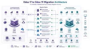 Odoo 17 to Odoo 19 migration architecture showing database migration, custom modules, third-party apps, APIs, testing and production environment