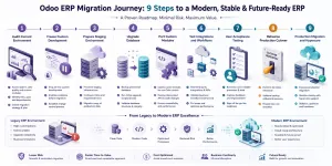 Nine-step Odoo migration process covering ERP audit, development freeze, staging, database upgrade, module migration, testing, UAT, cutover and hypercare