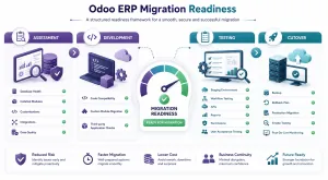 Odoo migration readiness checklist covering database, custom modules, third-party apps, APIs, backups, testing and production cutover