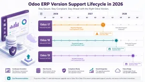 Odoo version support lifecycle comparison showing Odoo 17, Odoo 18 and Odoo 19 standard support