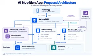 A mobile app connects to a backend, with queued image analysis, nutrition lookup and calculation services above a private data layer.