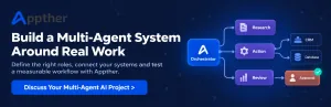 Appther multi-agent AI banner showing an orchestrator coordinating specialist agents, business tools and human approval.