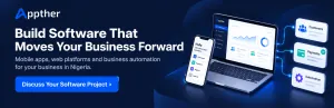 Appther invitation to discuss a software project, alongside connected mobile app and business dashboard illustrations.