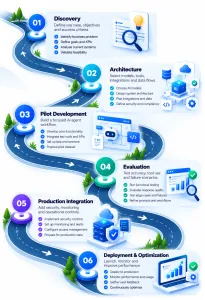 Six-stage AI agent development roadmap covering discovery, architecture, pilot, evaluation, production integration and optimization