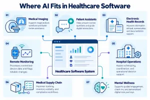 Infographic illustrating AI applications in medical imaging, patient chatbots, EHRs, remote monitoring, hospital operations, supply chains, and mental wellness.
