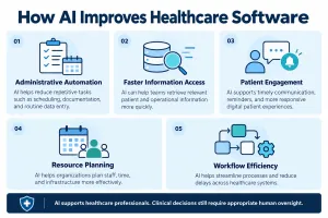 Infographic showing five benefits of AI in healthcare, including workflow automation, patient engagement, and resource planning.