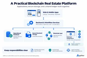 Hybrid property platform connecting web and mobile apps to backend services, a database, document storage, blockchain, and external integrations.