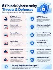Infographic showing six fintech cybersecurity threats and their corresponding preventive security controls.
