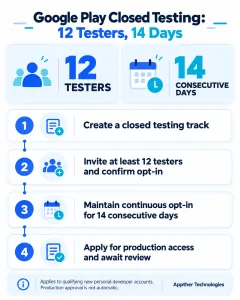 Infographic explaining Google Play closed testing requirements for 12 opted-in testers over 14 consecutive days