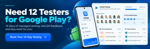 Appther Google Play closed testing service banner offering 12 dedicated QA testers and 14 days of managed testing