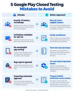 Infographic showing five common Google Play closed testing mistakes and recommended ways to avoid them