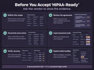 Six evidence requests for healthcare software vendors covering scope, agreements, access, assessments, recovery and incident handling.