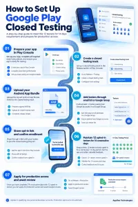 Seven-step infographic showing how to create a Google Play closed testing track, invite testers and apply for production access