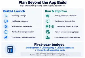 Mobile app budget checklist separating initial development and launch expenses from recurring operating costs.