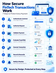 Seven-step fintech transaction security workflow covering authentication, authorization, payment validation, fraud detection, processing, reconciliation, and monitoring.