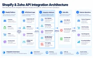 Shopify Zoho API integration architecture showing webhooks, middleware, data mapping and Zoho CRM, Inventory and Books APIs