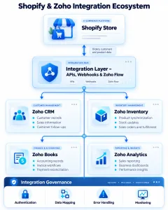 Shopify integration ecosystem connecting Zoho CRM, Inventory, Books and Analytics through APIs and workflow automation