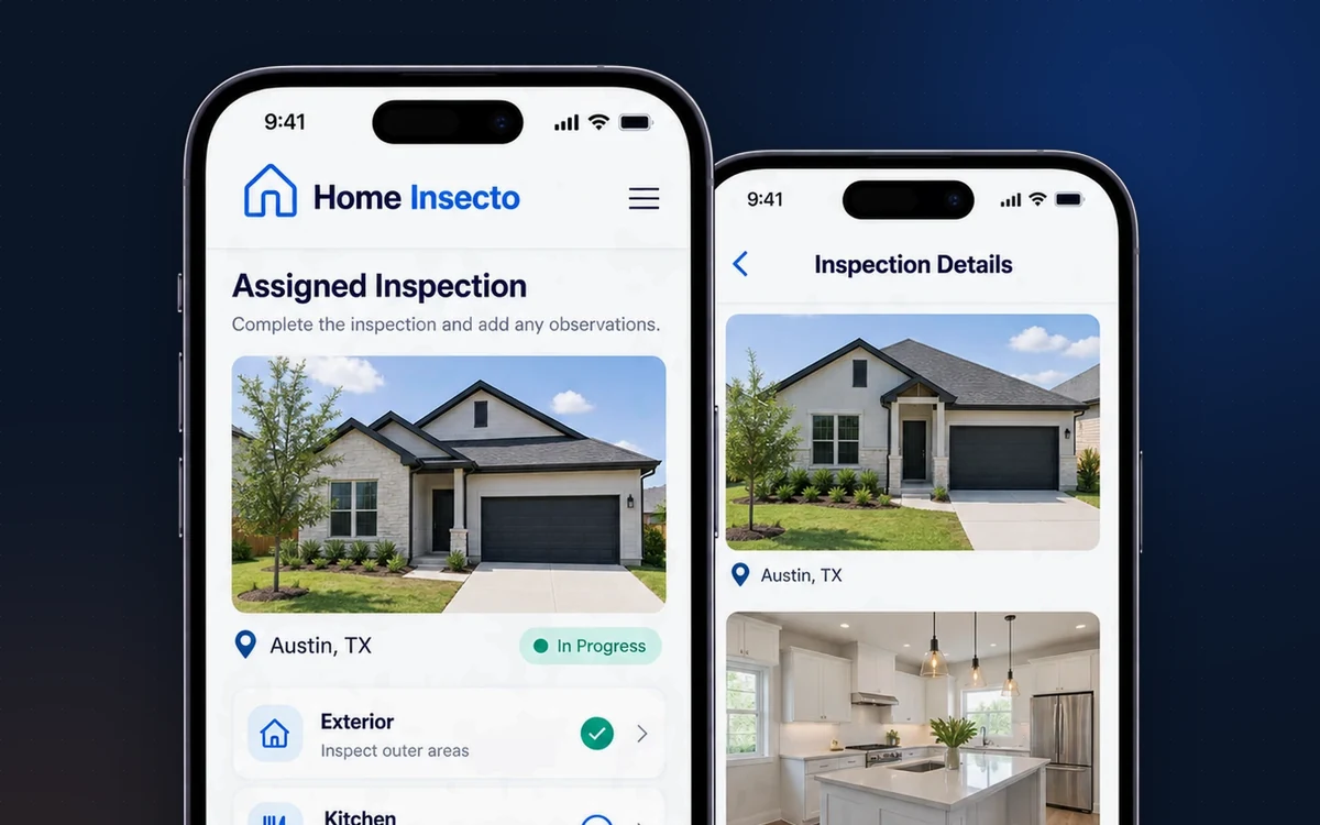 Home Insecto inspector app on two phones showing an assigned inspection and its room-by-room checklist