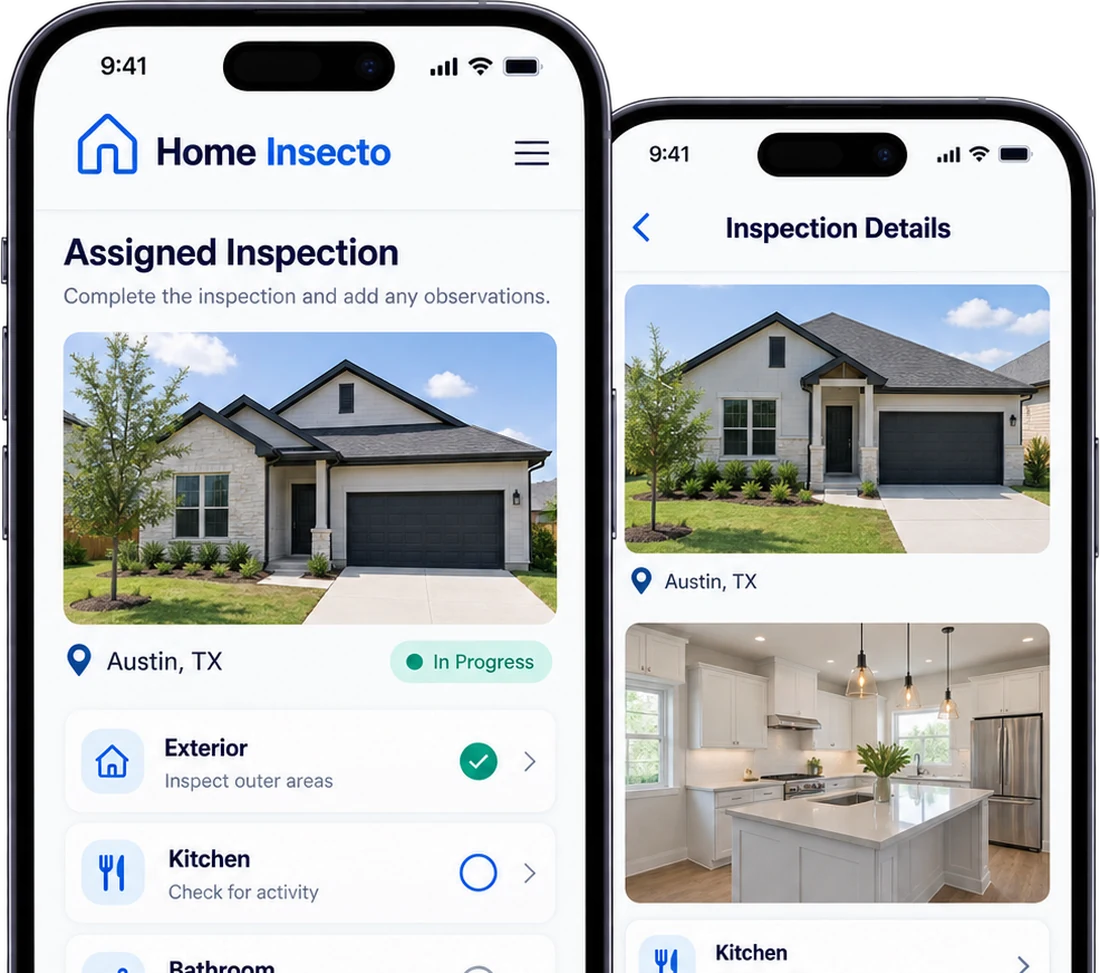 Home Insecto inspector app on two phones, showing an assigned inspection in Austin, Texas with its room-by-room checklist and the inspection detail screen