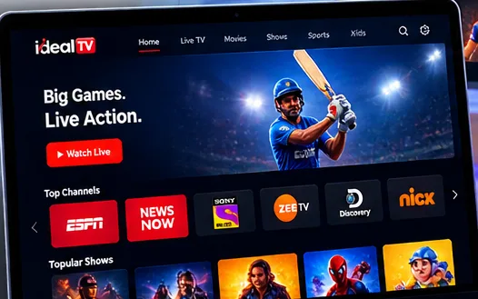 Ideal TV web app on a laptop showing live sports and the top channels rail