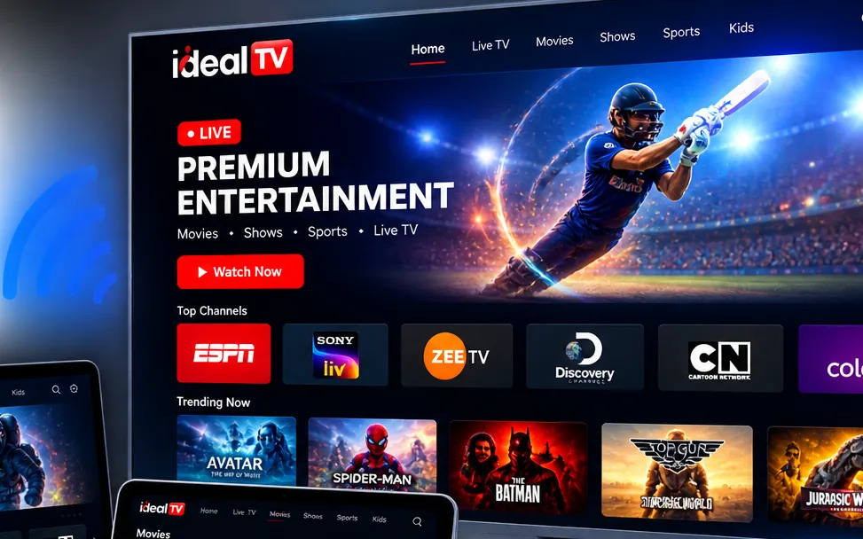 Ideal TV smart TV home screen with a live cricket hero banner and top channel row