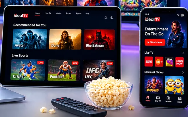 Ideal TV tablet and phone apps side by side showing recommendations and live sports