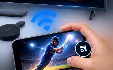 Phone casting a live cricket match to a wall-mounted TV through a Chromecast dongle