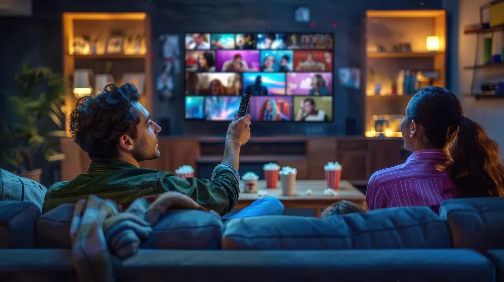 Two viewers on a sofa browsing the Ideal TV live channel wall on a large television