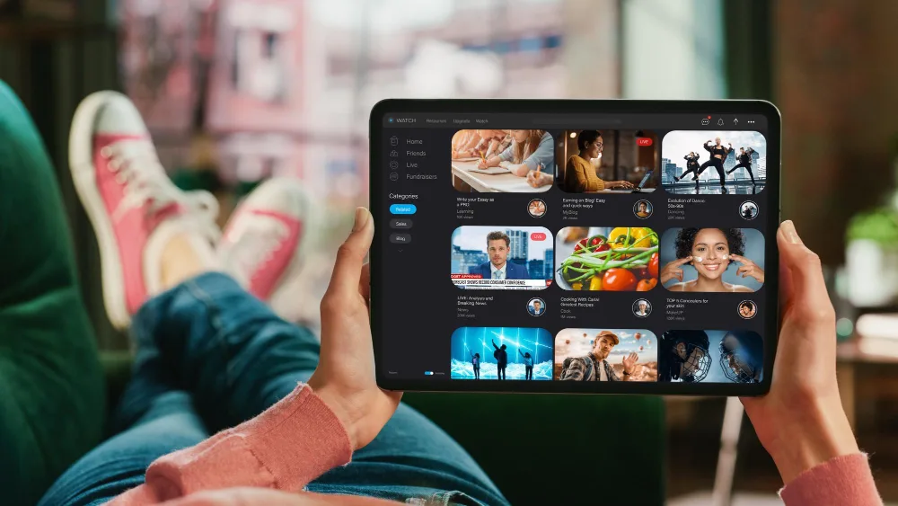 Live channel grid open on a tablet showing news, sports and lifestyle streams