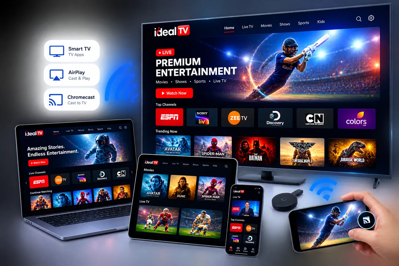 Ideal TV OTT streaming app running on a smart TV, laptop, tablet and phone with AirPlay and Chromecast casting