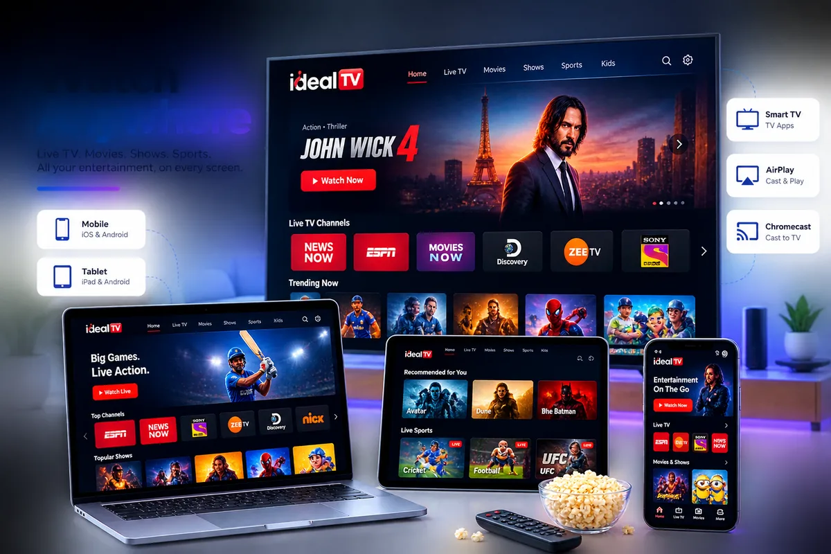 Ideal TV apps running side by side on a smart TV, laptop, tablet and phone