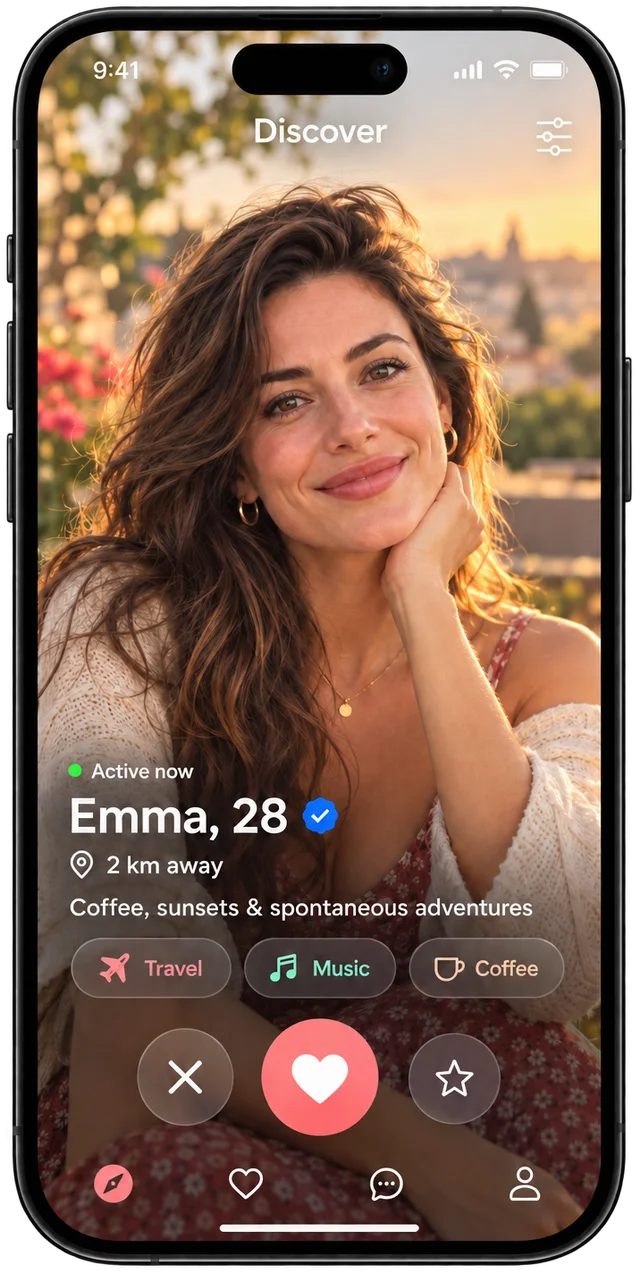 Joymatch dating app discover screen showing a profile card with interests, distance and like buttons