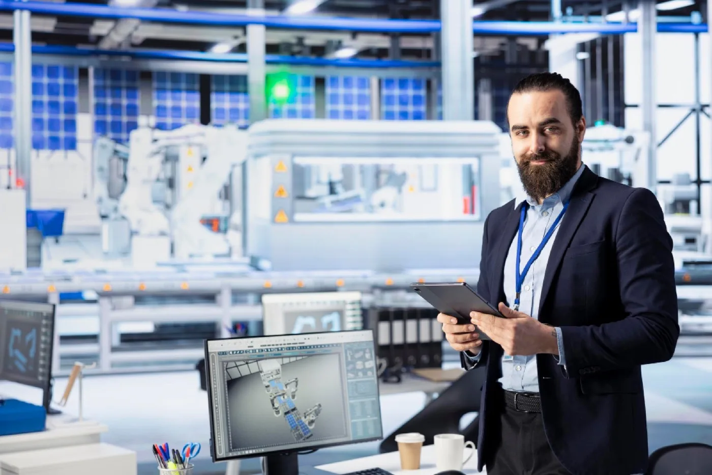 Engineer reviewing a connected production line on a tablet