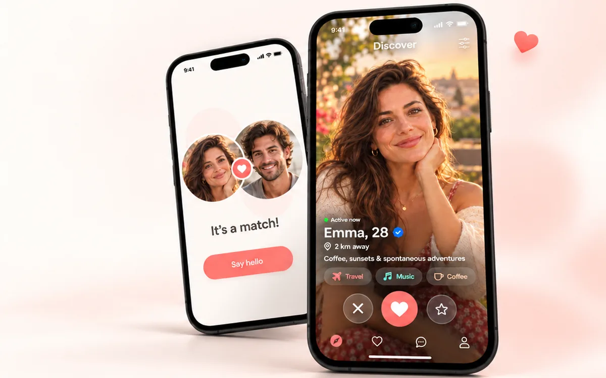 Joymatch dating app discover screen showing a profile with shared interests and distance