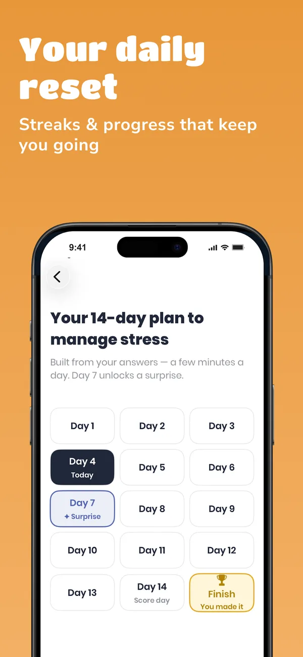 JoyScore 14-day plan to manage stress with daily steps and a surprise on day 7