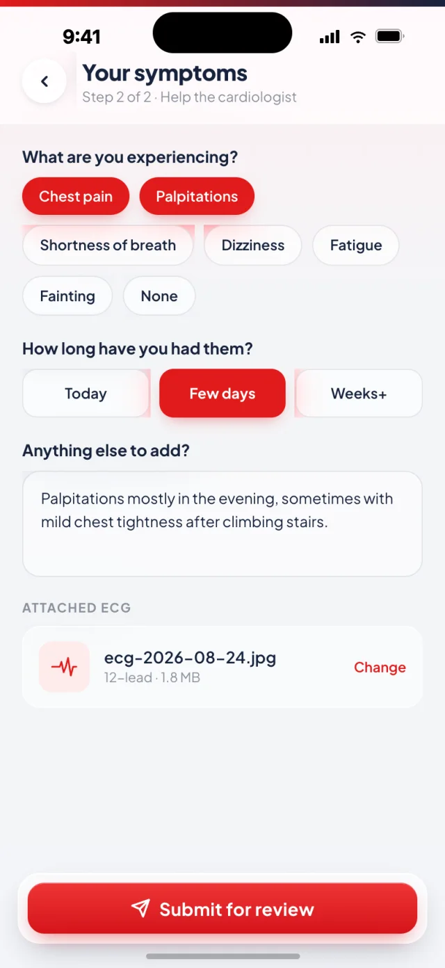 KALBI symptom capture screen with selectable symptoms, duration and a free-text note attached to the ECG