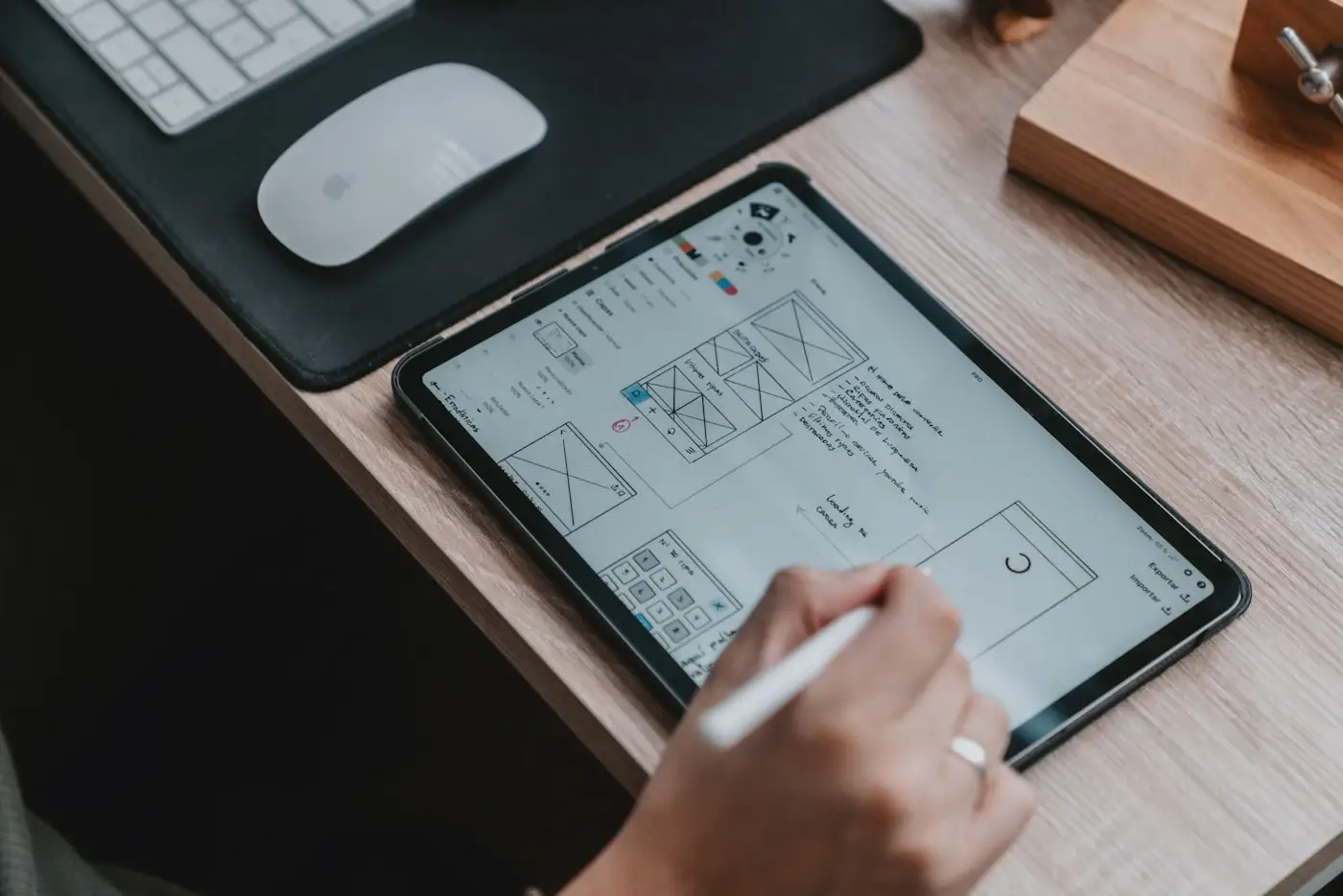 Designer sketching app wireframes on a tablet before development begins